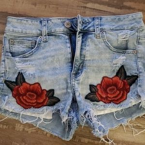 AE High-Rise Denim Shorts with Embroidered Flowers